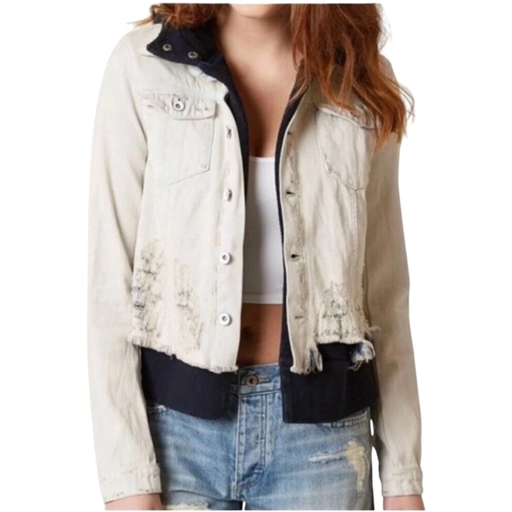 Free People Double Weave Light Denim Distressed Jacket Navy Hoodie Insert Small